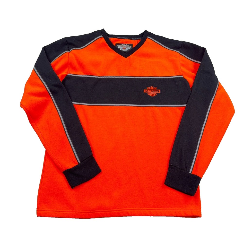 Harley Davidson Sweatshirt Men Medium Orange Black Crewneck Colorblock Shield *